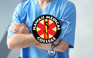 HMC logo with medical student holding a stethoscope.